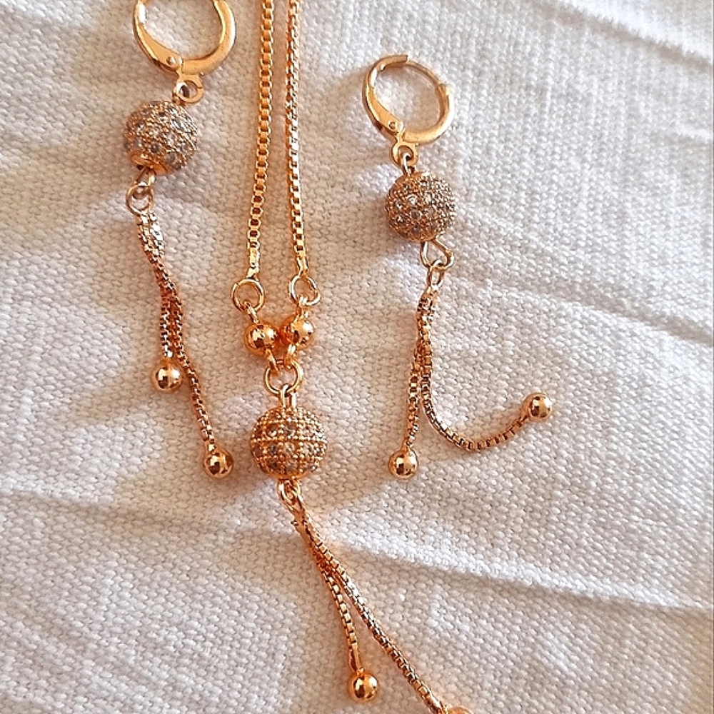 Women's 3pcs Gold Color Long Pendant With Earrings Necklace Set